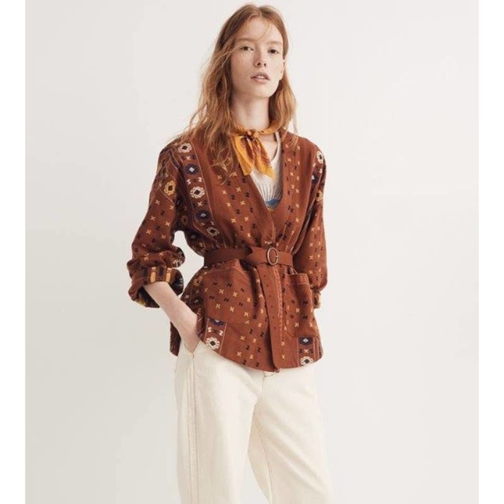 Madewell Embroidered Kimono Shirttail Cardigan Wrap Jacket Women's Brown Size S